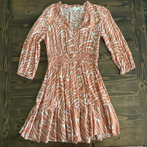Women’s Apricot Orange White Zebra Print Ruffle Long Sleeve Dress S Tiered Skirt